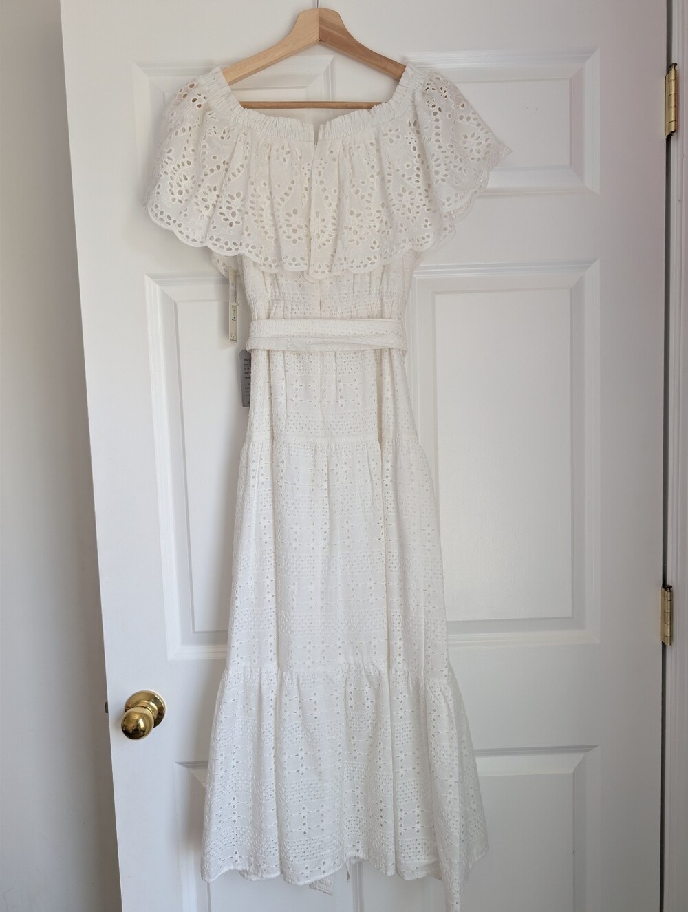 Eliza J Ivory White Off-Shoulder Eyelet Boho Cotton Midi Long Dress Belted Sz 4 - Picture 9 of 15